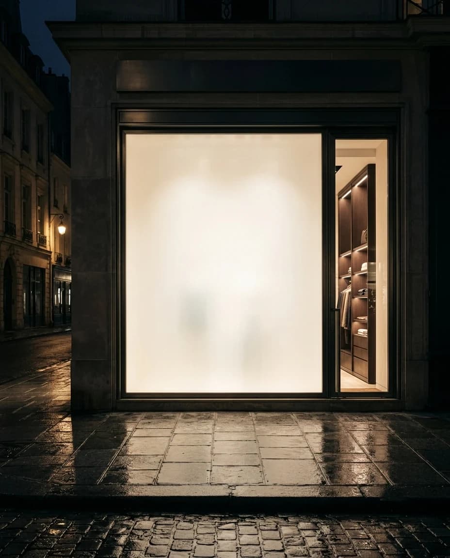 Storefront screen — Window glazing doubling as projection surface